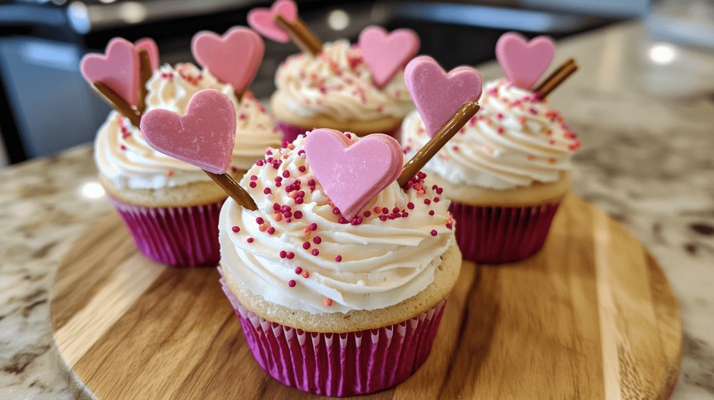 Vanilla Bow Arrow Cupcakes Recipe decorated with pink hearts, pretzel sticks resembling arrows, and sprinkles on top, arranged on a wooden platter.