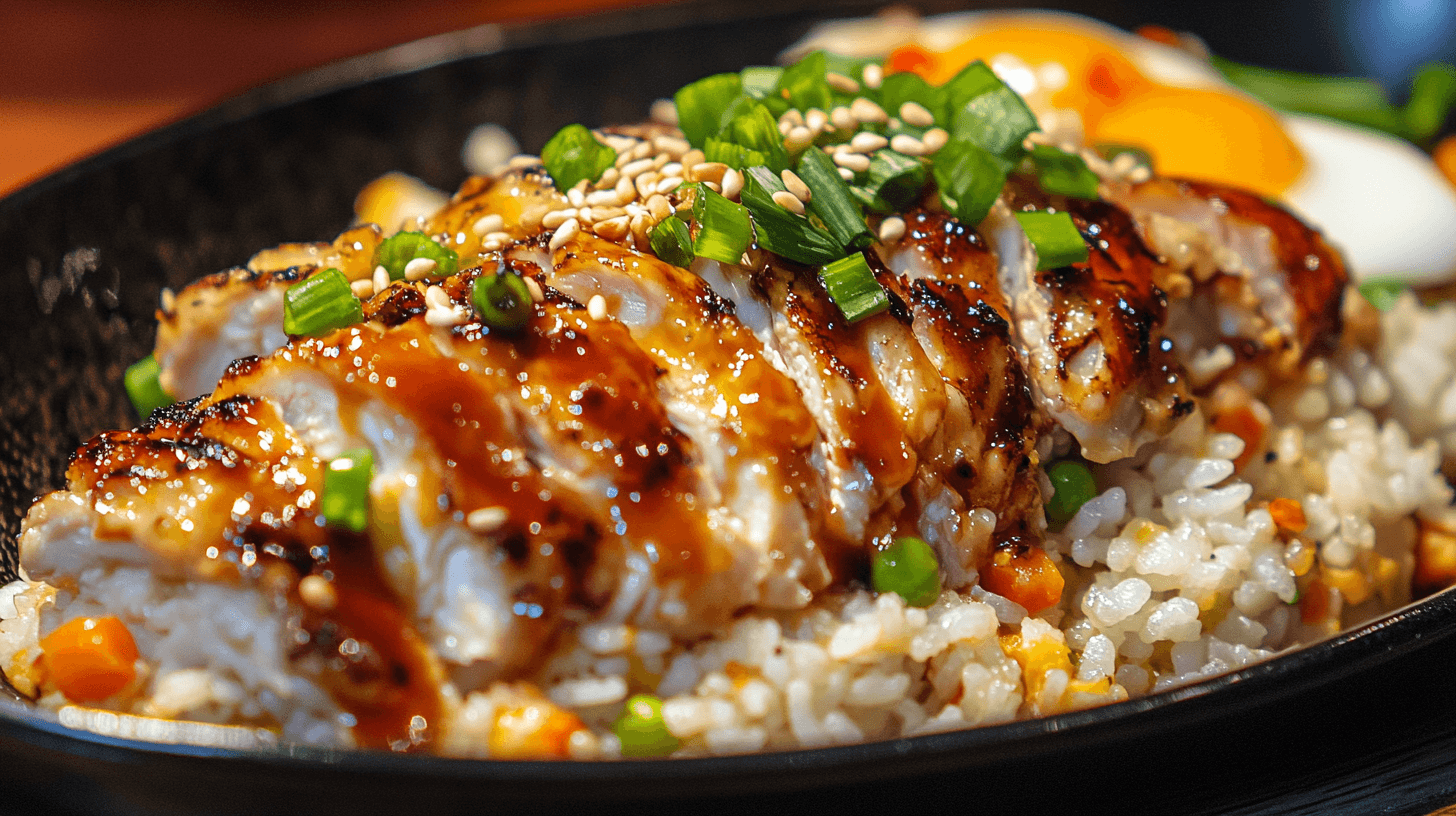 A vibrant dish of Benihana Chicken Fried Rice Recipe with tender grilled chicken, vegetables, and garnishes of sesame seeds and green onions.