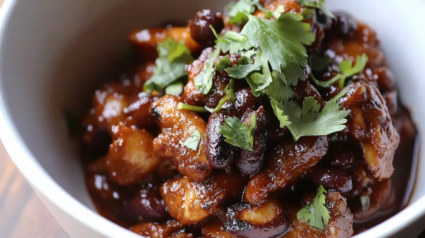 Easy Chipotle Black Beans Recipe Like The Restaurant 1 A bowl of smoky and savory black beans garnished with fresh cilantro