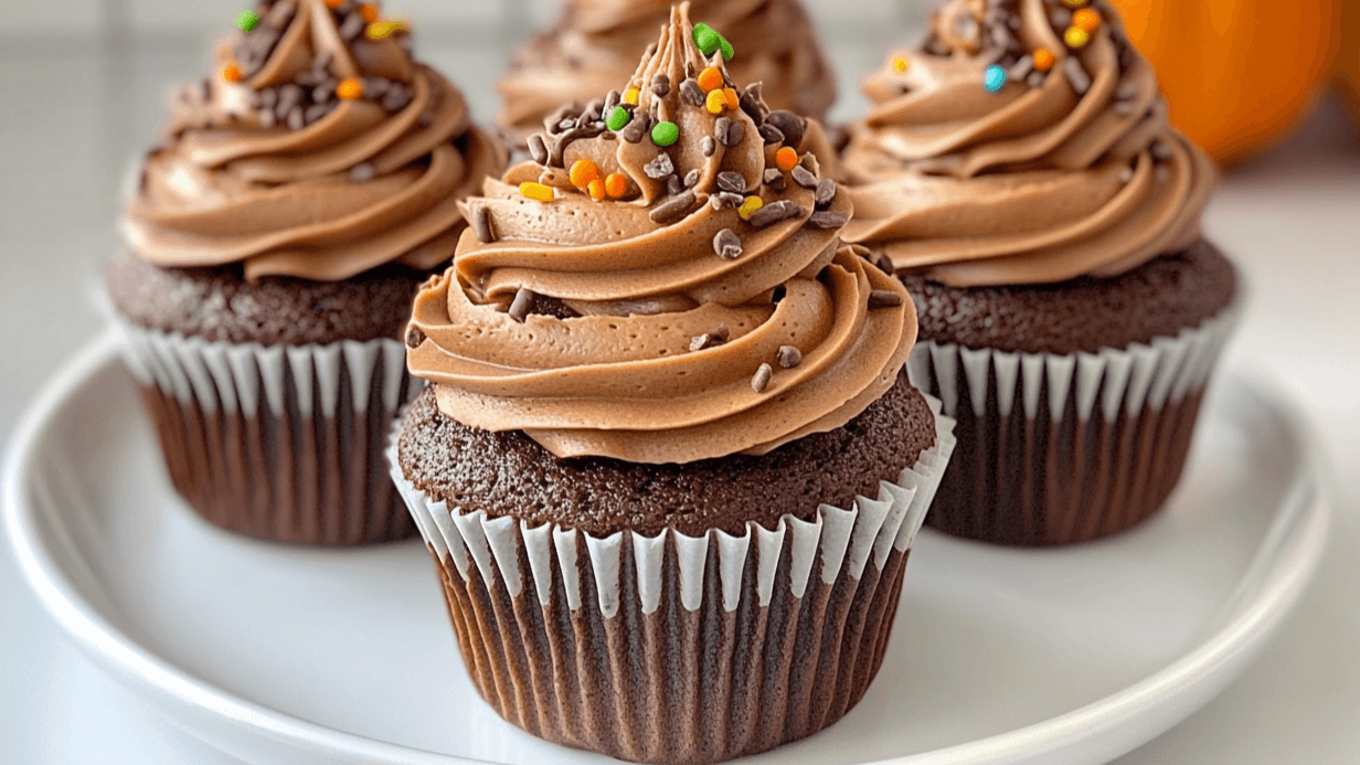 Recipe for Chocolate Pumpkin Cupcakes featuring rich chocolate cupcakes topped with creamy frosting and colorful sprinkles on a white plate.