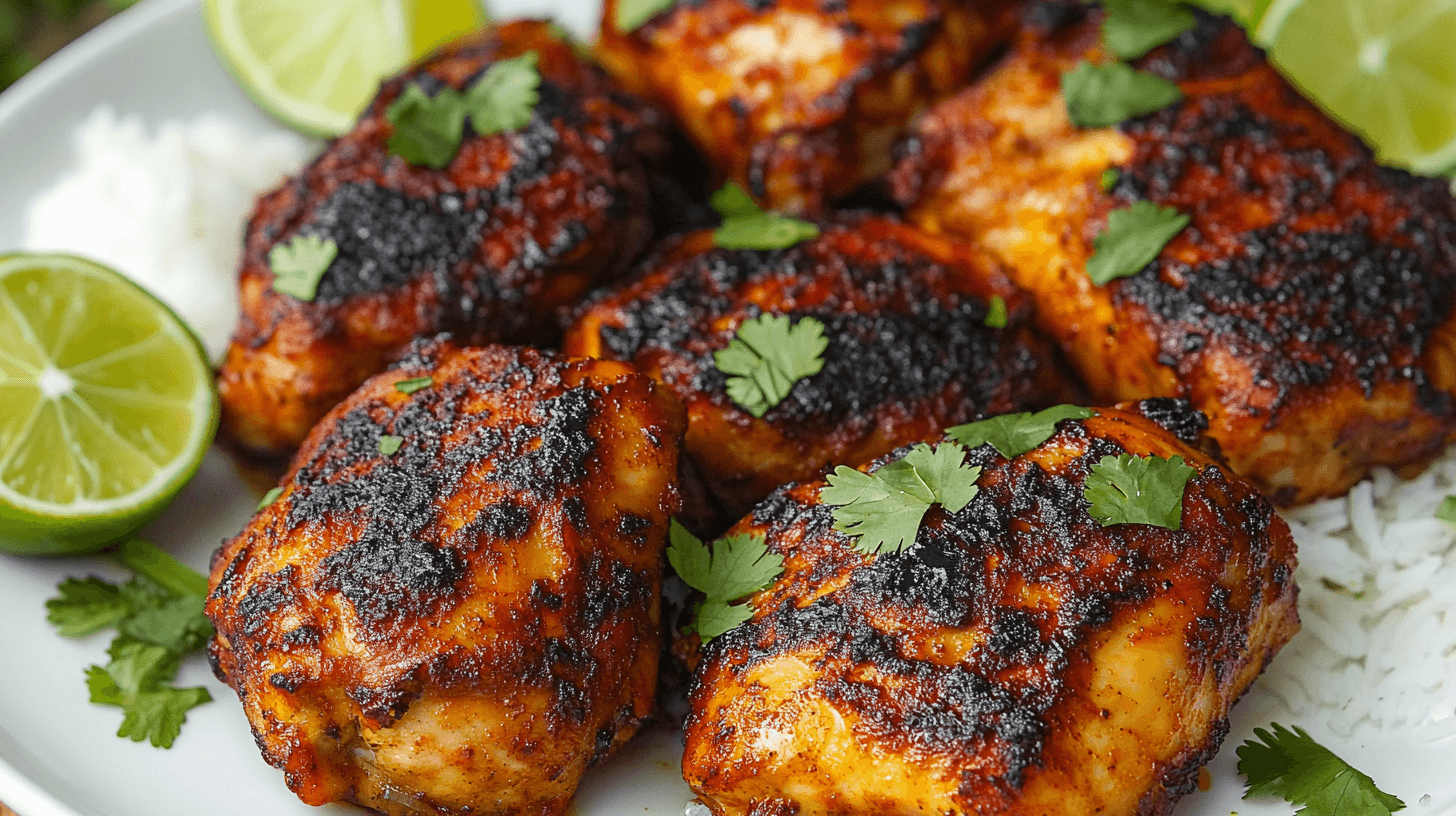 A plate of Churu Chicken Amarillo Recipe featuring charred, spiced chicken thighs garnished with fresh cilantro and served with lime wedges and rice.