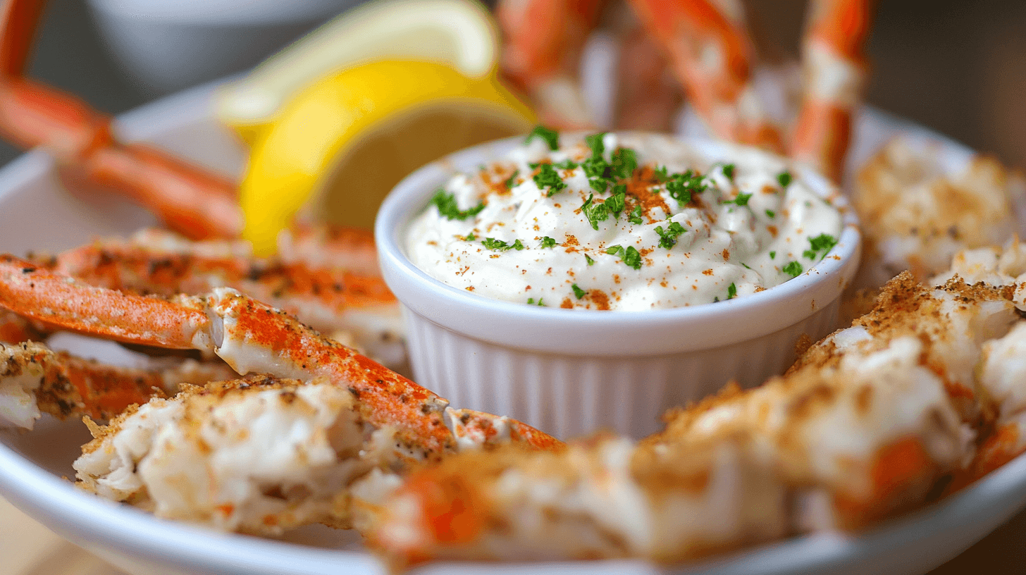 Close-up of a creamy crab cake dipping sauce garnished with parsley in a white ramekin, served with crab legs and lemon slices.