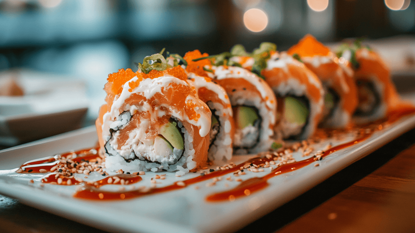 A vibrant temaki salmon and cream cheese sushi roll garnished with tobiko, green onions, and drizzled with soy and sesame sauce.