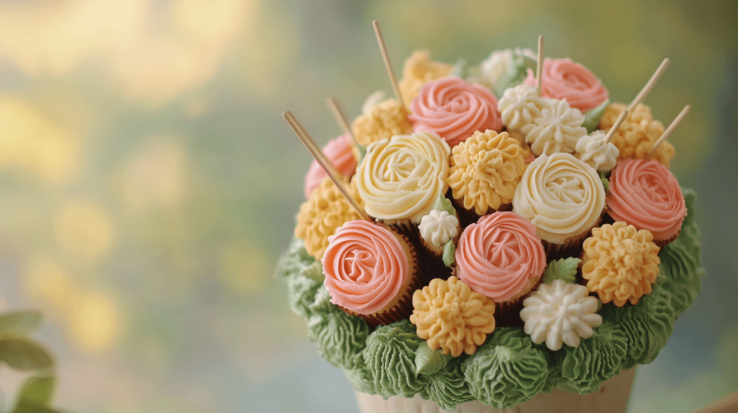 Beautiful cupcake bouquet with colorful frosting arranged like a flower bouquet, ideal for celebrations and gifting.