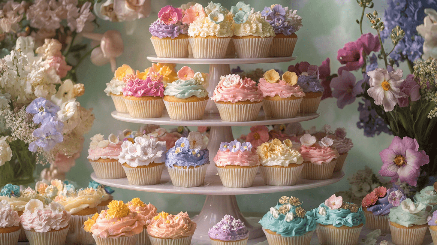 Delicate floral Cupcake Flower Bouquet in soft pastel shades, beautifully displayed on a tiered stand with a spring-inspired background.