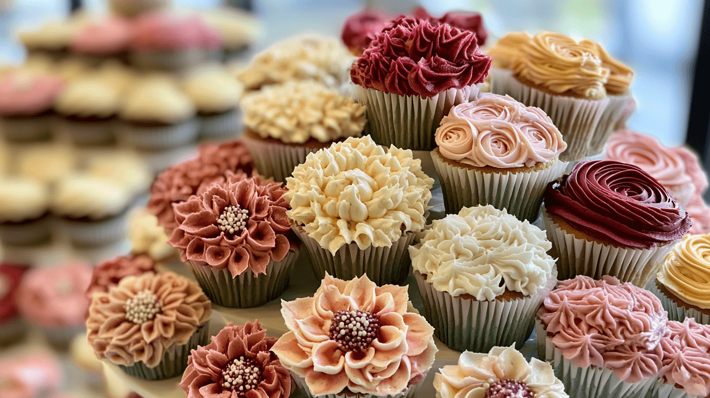 Elegant cupcakes decorated with pastel floral buttercream designs, arranged on a tiered display. How many cupcakes do I need for 100 guests?