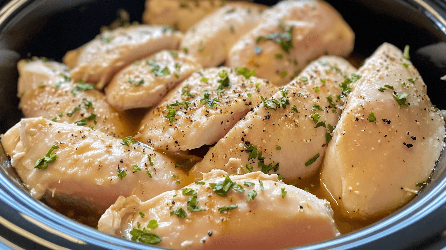 Tender chicken breasts seasoned with herbs and spices, slow-cooked to perfection in a crock pot, showcasing a delicious option for Frozen Chicken Crock Pot Recipes.