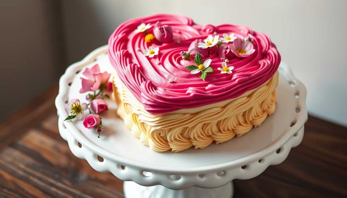 A beautifully decorated Heart Cake displayed on a white cake stand.