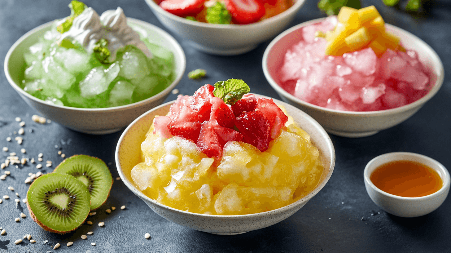 Kakigori Dessert and mochi ice cream and fruit toppings