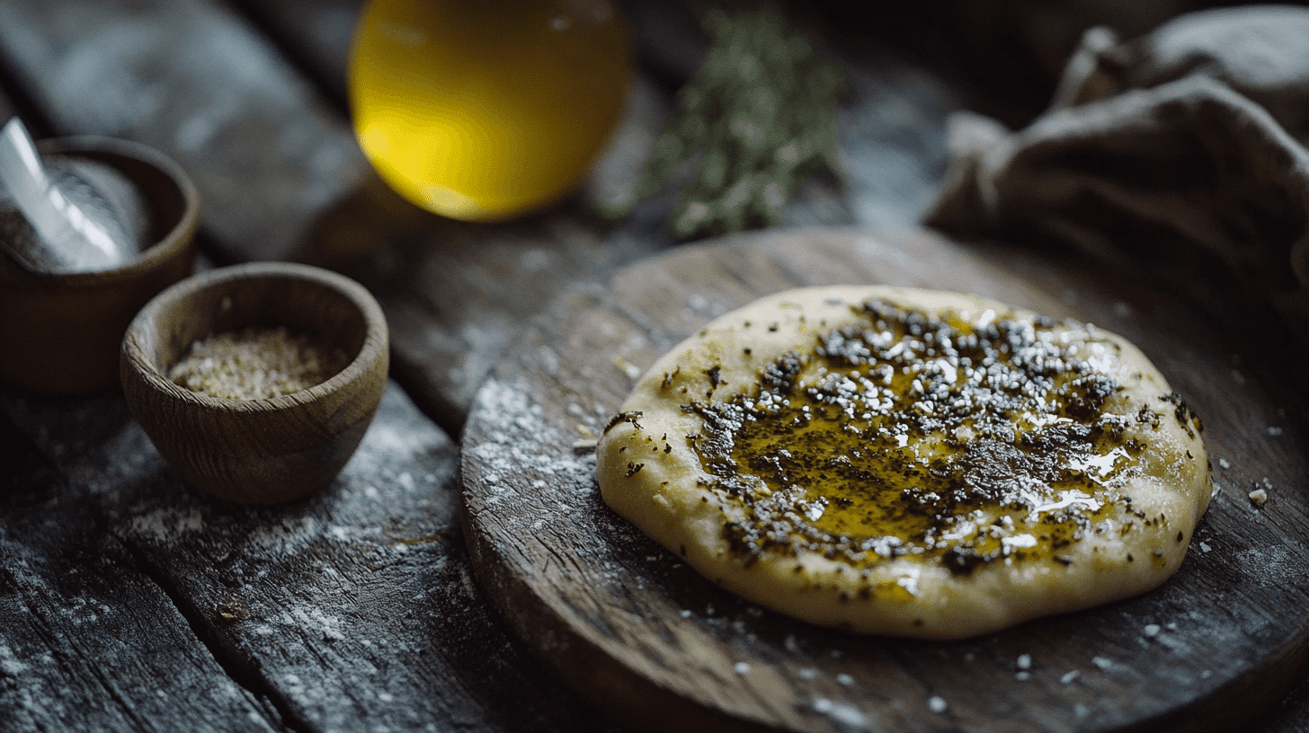 Freshly prepared pizza dough topped with herbs and olive oil, inspired by Mark's Pizza Sweet Sauce Recipe.