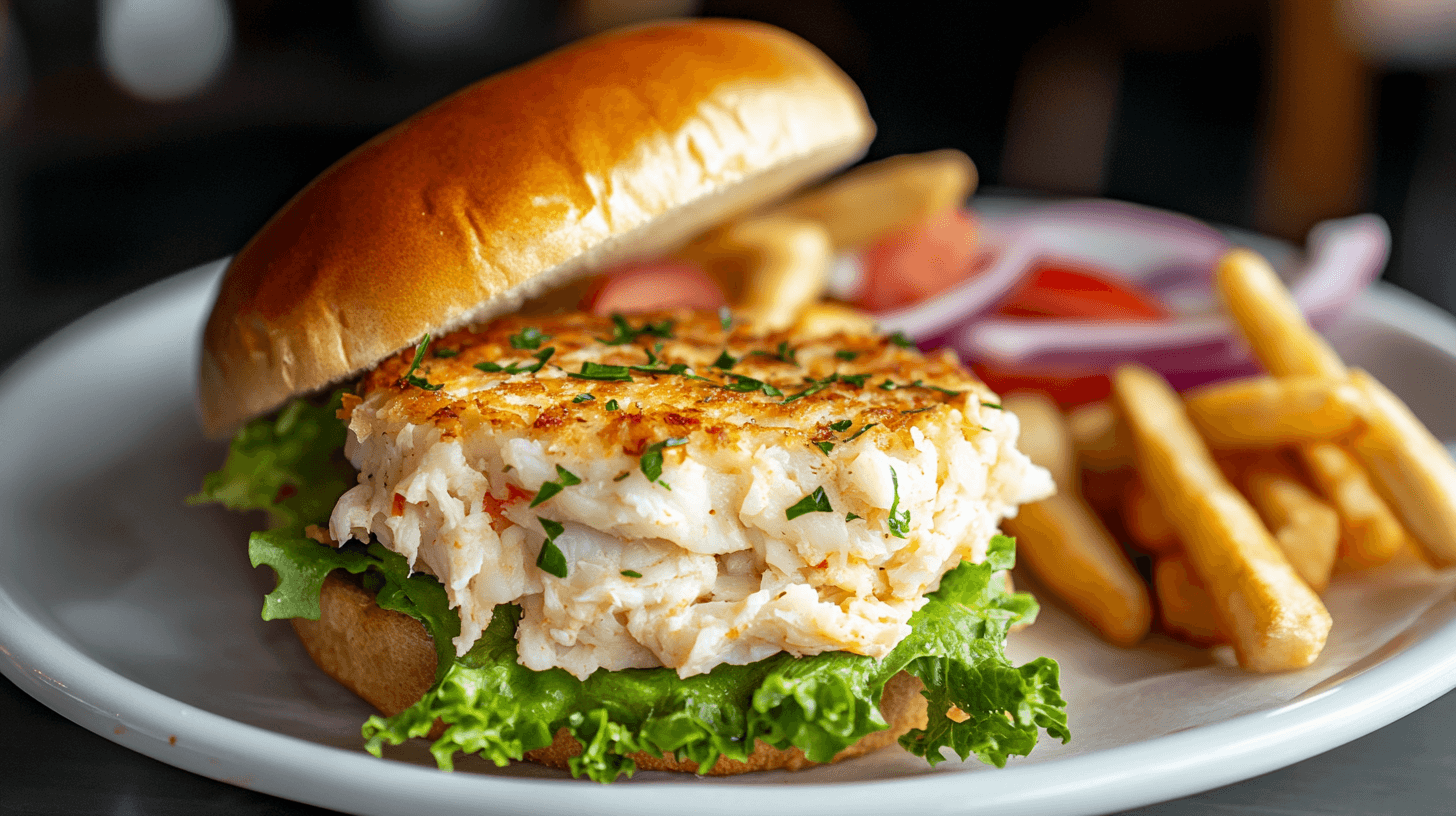 A mouthwatering crab cake sandwich served on a toasted bun with crisp lettuce, accompanied by golden French fries and fresh vegetable slices on a white plate.