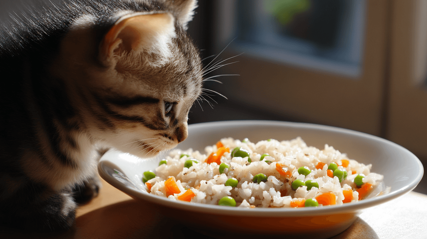 Cat and A colorful bowl of sassy rice recipe with bell peppers, corn, beans, herbs, and lime garnish.