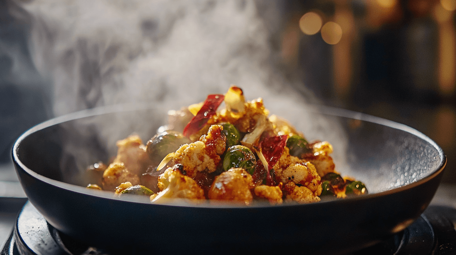 A steaming hot skillet of vegetables prepared with the Recipe for Making Spicy Cauliflower and Brussel Sprouts.