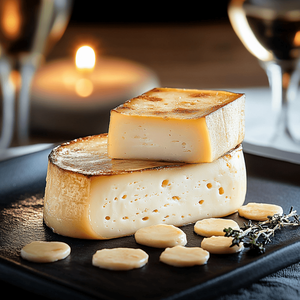 A close-up of Timberdoodle Cheese on a black slate plate, featuring its creamy texture, golden rind, and paired with fresh herbs and crackers.