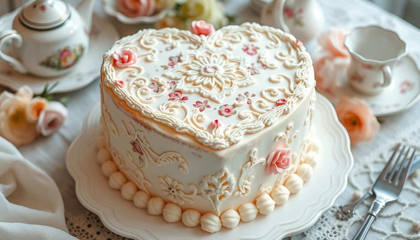 A beautifully decorated vintage heart cake with intricate floral icing, rose accents, and a romantic antique-inspired design on a lace tablecloth.