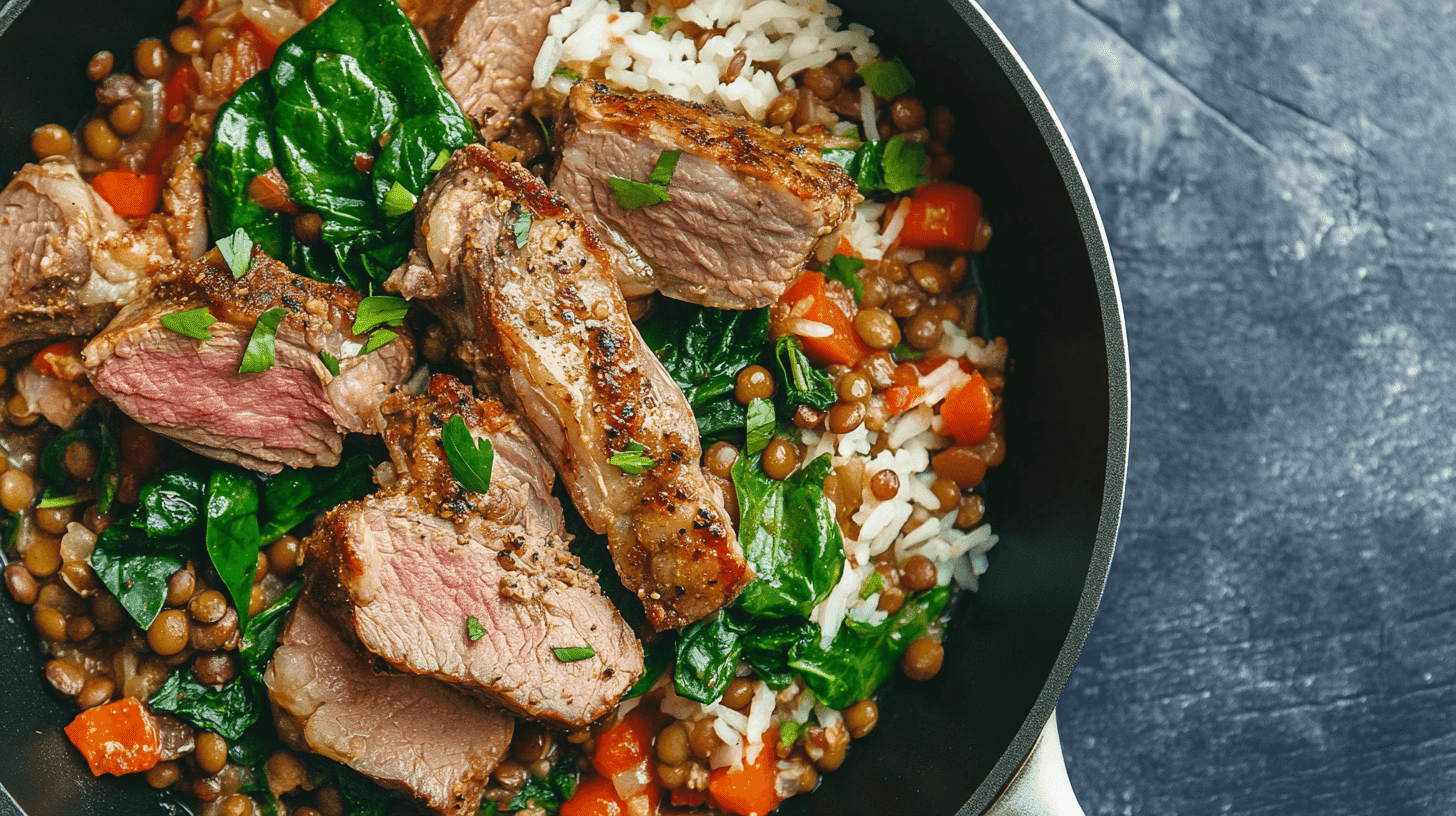 lamb lentils rice spinach recipe a : hearty dish of seared lamb slices served over a bed of lentils, rice, spinach, and diced vegetables in a skillet.