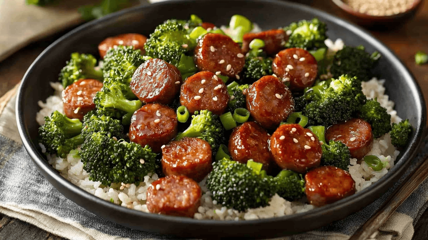 A close-up of a vibrant dish featuring sausage and broccoli stir-fry served over white rice, garnished with sesame seeds and green onions.