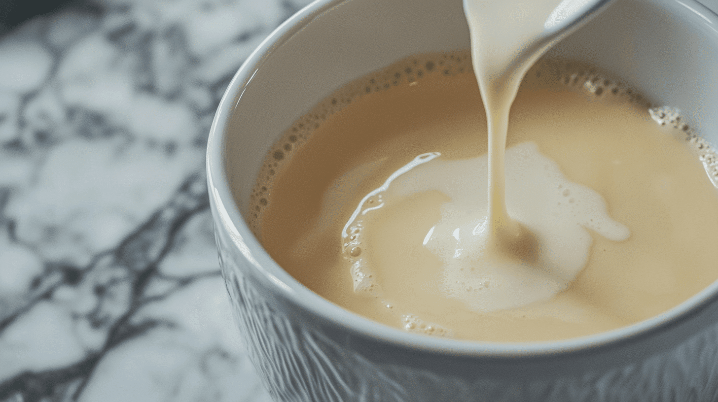A close-up of almond milk creamer being poured into a white cup on a marble countertop.