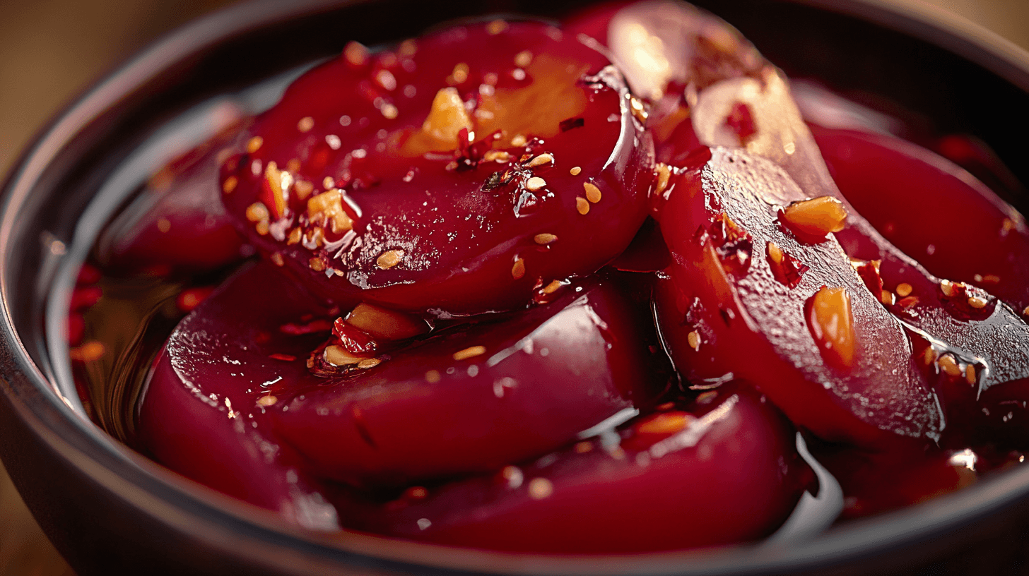 Close-up of vibrant red Chamoy Pickle slices garnished with sesame seeds and chili flakes in a dark bowl, showcasing a tangy and spicy glaze.