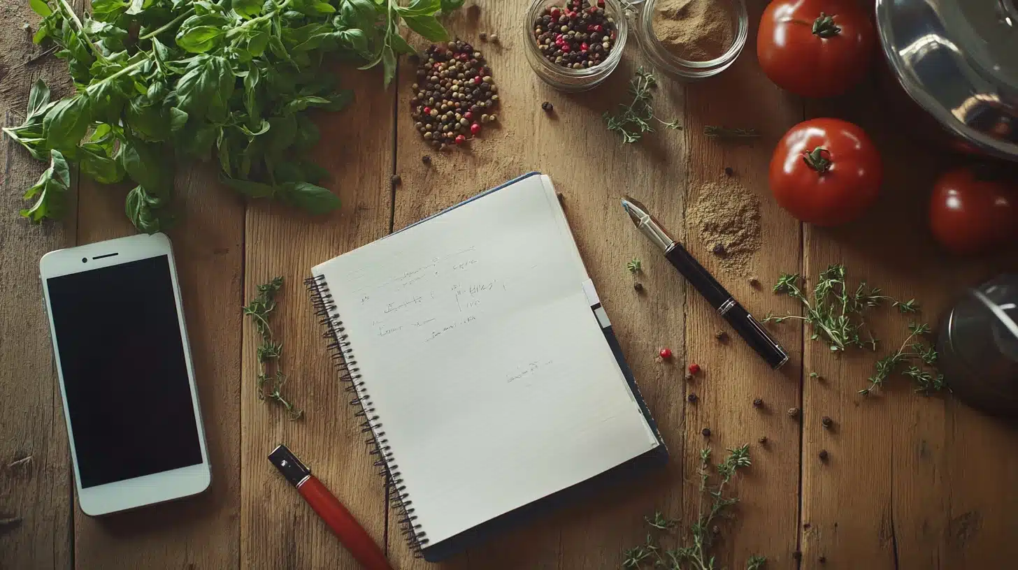 Contact 1 Flat-lay of a contact themed composition featuring a smartphone, a notebook, a pen, fresh herbs, tomatoes, and spices on a rustic wooden table, symbolizing communication and culinary creativity.