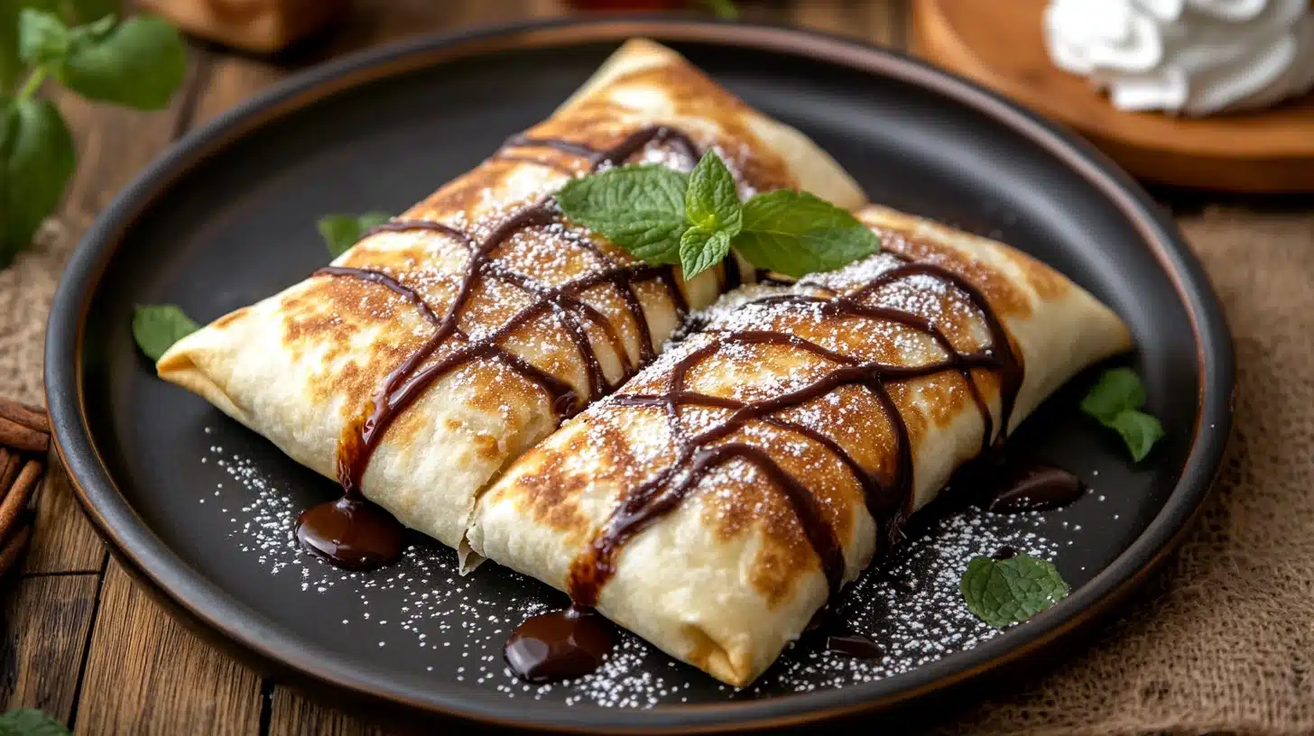 Delicious Dessert Xango: A Decadent Treat 6 Close-up of two golden-brown dessert wraps, drizzled with chocolate sauce and dusted with powdered sugar. Garnished with a fresh mint leaf on a dark plate, creating a gourmet presentation.