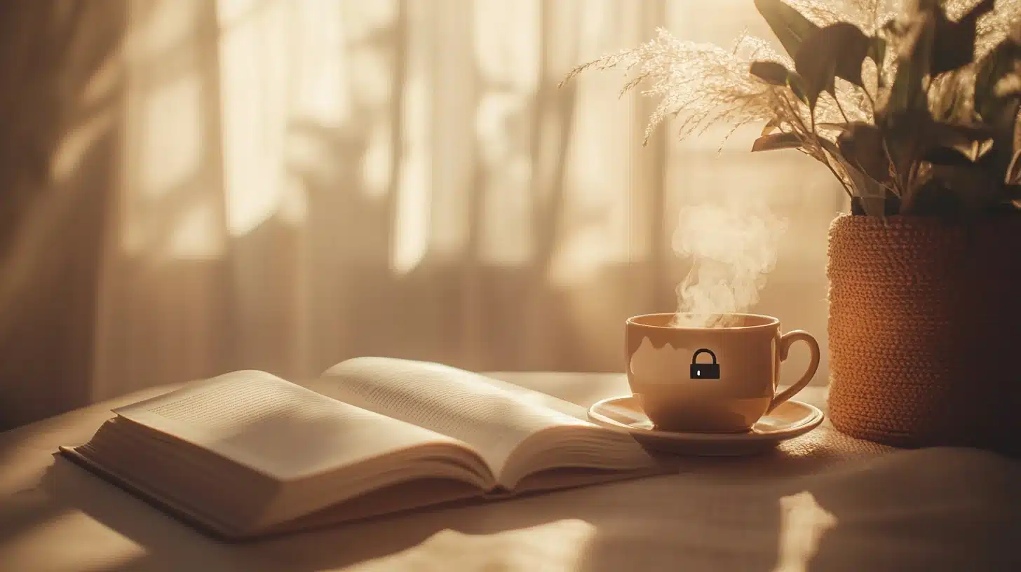 Privacy Policy 1 Privacy policy concept with a steaming cup featuring a lock symbol, an open book, and warm sunlight streaming through soft curtains.