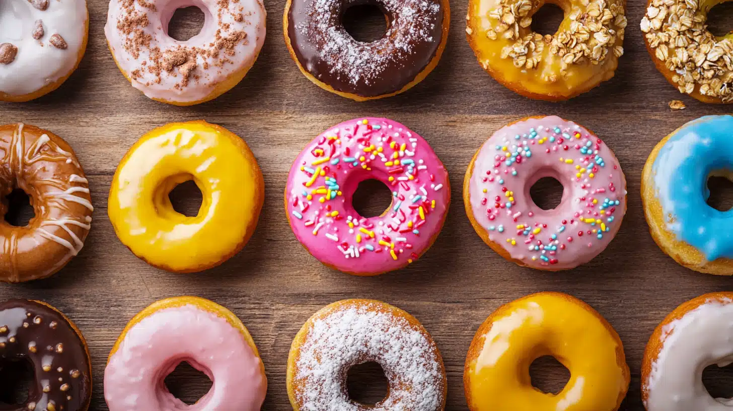 Protein Donuts: The Sweet, Healthy Snack That Fuels Your Gains! 7 Close-up of colorful protein donuts with various toppings, including sprinkles, oats, and chocolate drizzle, arranged on a wooden surface.