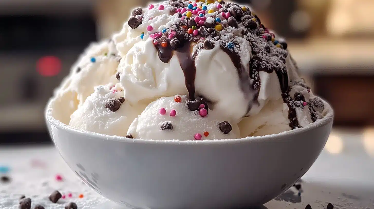 Delicious Snow Cream Recipe: Easy to Make at Home 5 Close-up of two golden-brown dessert wraps, drizzled with chocolate sauce and dusted with powdered sugar. Garnished with a fresh mint leaf on a dark plate, creating a gourmet presentation.