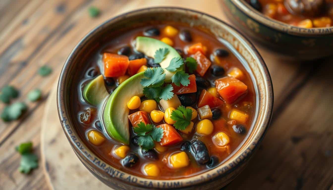 A vibrant bowl of taco soup frios featuring fresh avocado slices, corn, black beans, and diced carrots, garnished with cilantro.