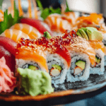 Freshly prepared Temaki hand roll filled with sushi rice, raw salmon, avocado, and cucumber, wrapped in crisp nori seaweed.