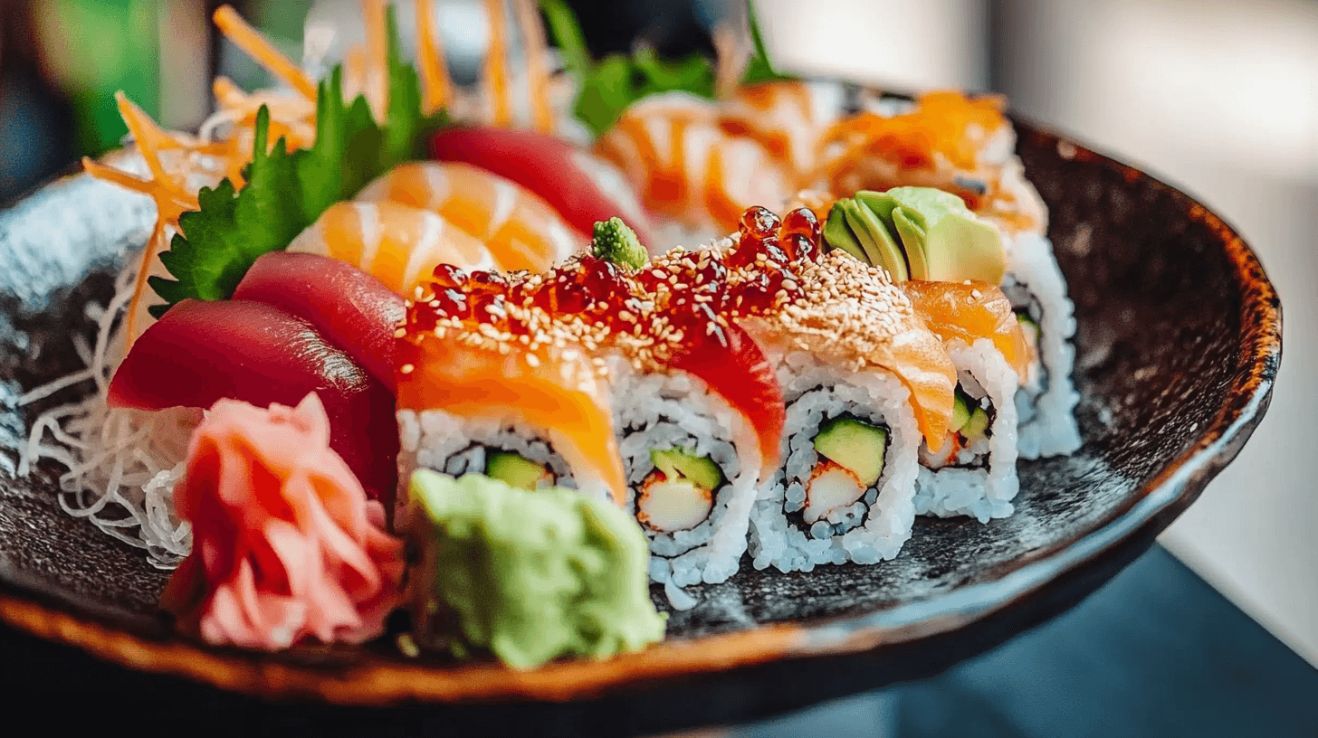 Freshly prepared Temaki hand roll filled with sushi rice, raw salmon, avocado, and cucumber, wrapped in crisp nori seaweed.