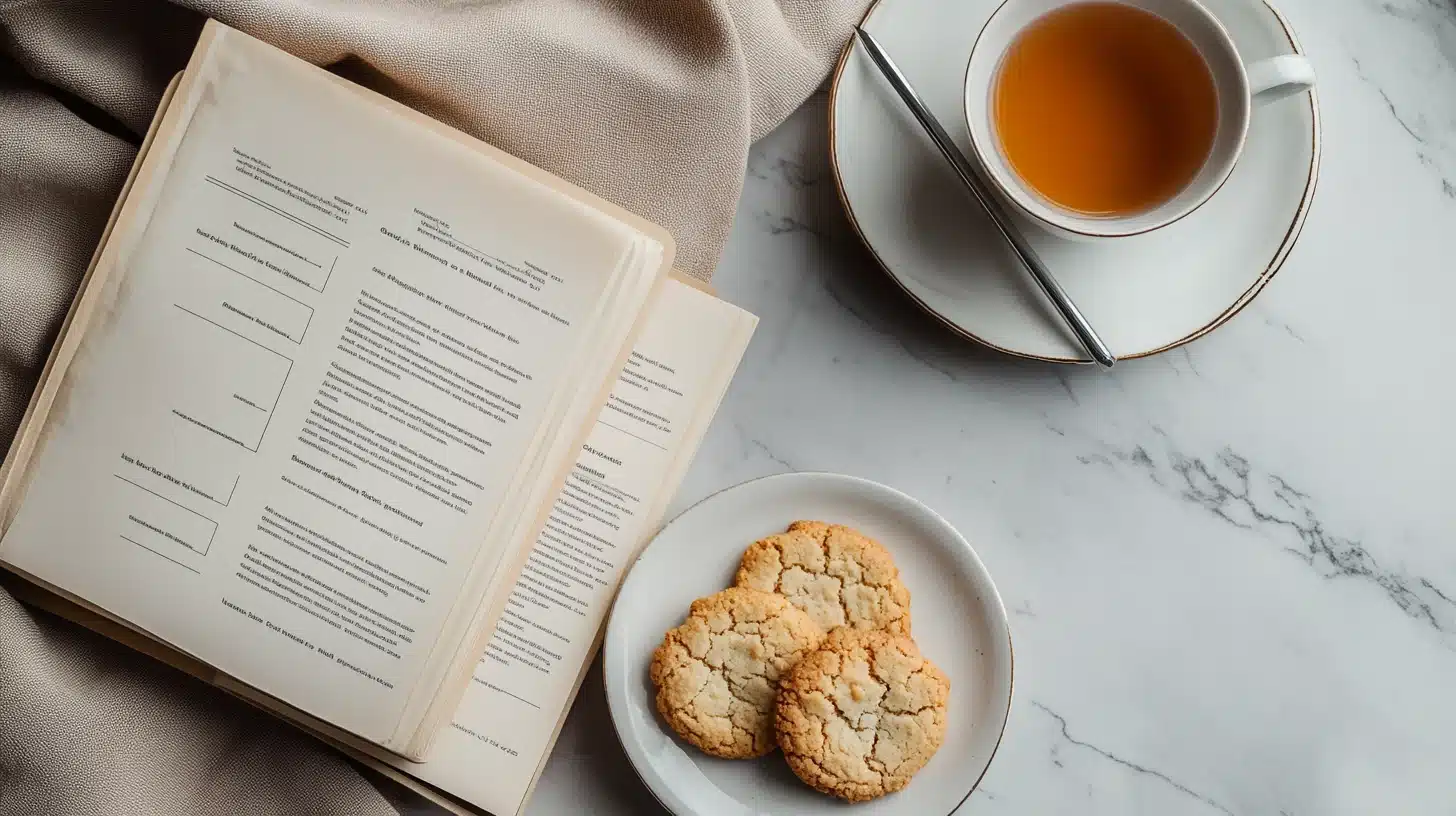 Terms of Use 1 Flat-lay of a cozy scene with an open document, a cup of tea, and a plate of cookies on a marble table, symbolizing terms of use with a warm and approachable style.