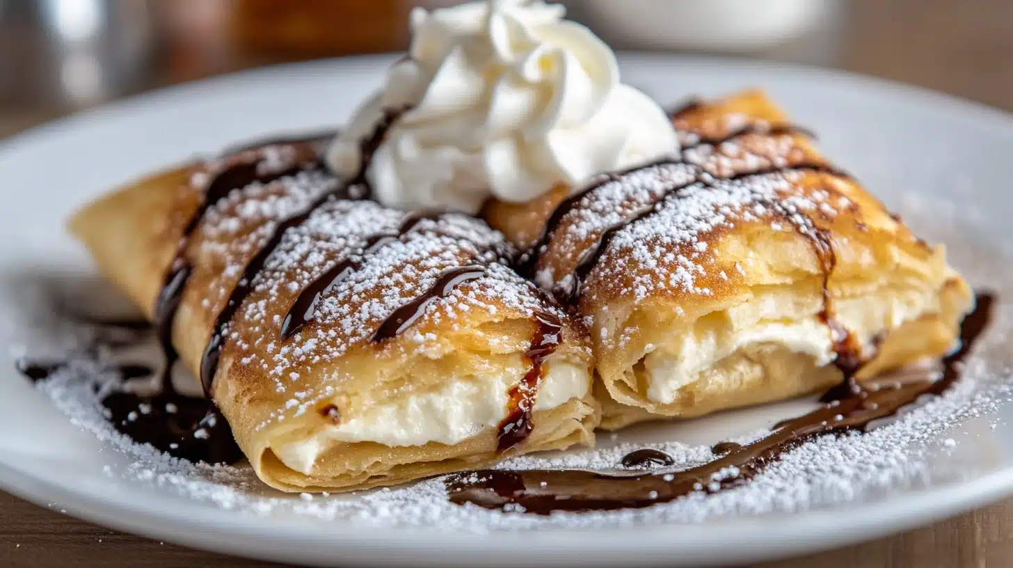 How to Make Xango Dessert: A Crispy, Creamy Delight! 3 Close-up of Xango Dessert, featuring crispy fried cheesecake chimichangas topped with powdered sugar, chocolate drizzle, and whipped cream, served on a white plate.