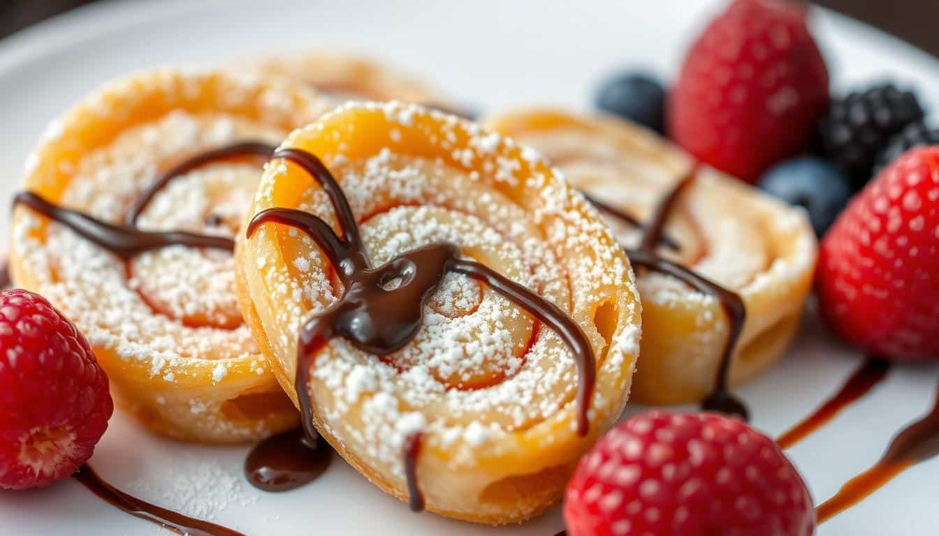 Close-up of Xango Mexican dessert rolls topped with powdered sugar, chocolate drizzle, and fresh raspberries and blueberries on a white plate.