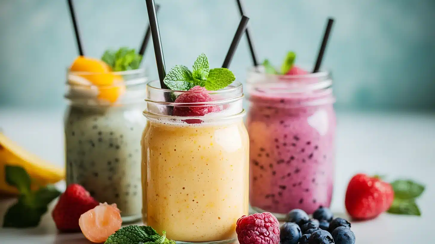 Delicious Fruit Smoothie Recipes to Try Today 7 Glass jars of vibrant fruit smoothie recipes in yellow, pink, and green, garnished with fresh fruits and mint leaves.