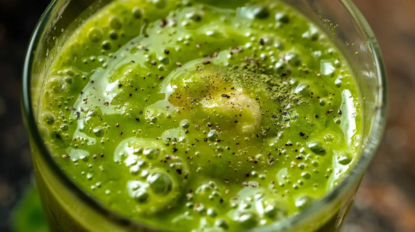The Ultimate Matcha Smoothie for Wellness 3 Close-up of a Matcha Smoothie, featuring a creamy green texture, blended with banana, spinach, and almond milk, topped with matcha powder.