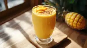Home 6 A glass of tropical mango pineapple smoothie topped with fresh mango chunks, with a ripe pineapple and sliced mango in the background.