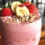 Strawberry Banana Smoothie: A Tasty Treat 7 A glass bowl filled with a strawberry banana smoothie, topped with whole strawberries and banana slices, placed on a white surface.