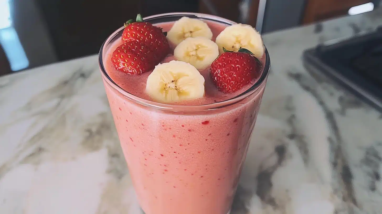 Strawberry Banana Smoothie: A Tasty Treat 8 A fresh strawberry banana smoothie in a glass, topped with whole strawberries and banana slices, placed on a marble countertop.