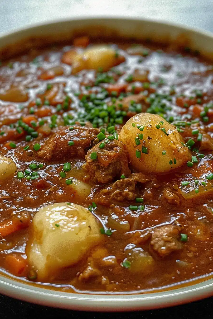 A steaming bowl of Mock Turtle Soup with vegetables and herbs, served in a white porcelain bowl.