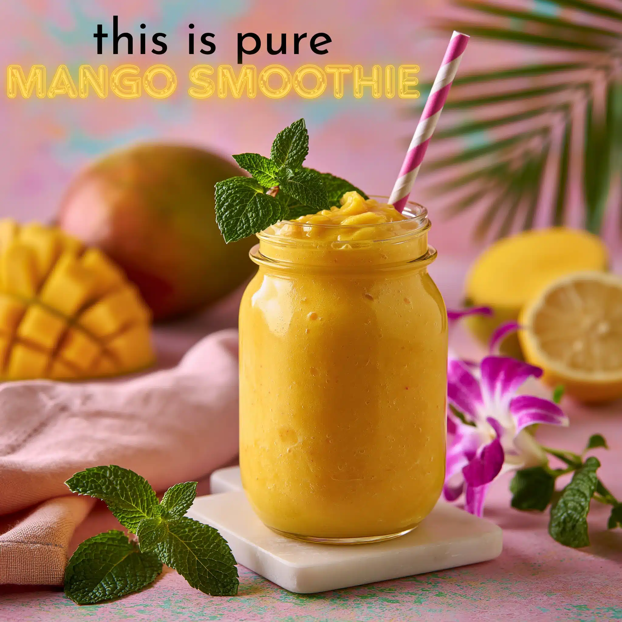 mango-smoothie-recipe A glass of tropical mango pineapple smoothie topped with fresh mango chunks, with a ripe pineapple and sliced mango in the background.