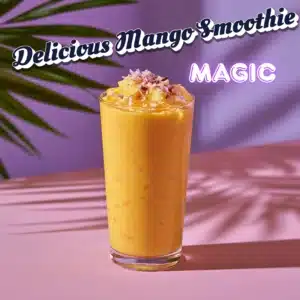 Home 7 Creamy mango smoothie recipe served over ice with fruit topping on pastel background