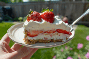 A woman holding a slice of no bake strawberry icebox cake with cool whip in a sunny backyard, showing juicy strawberry layers and Cool Whip cream.
