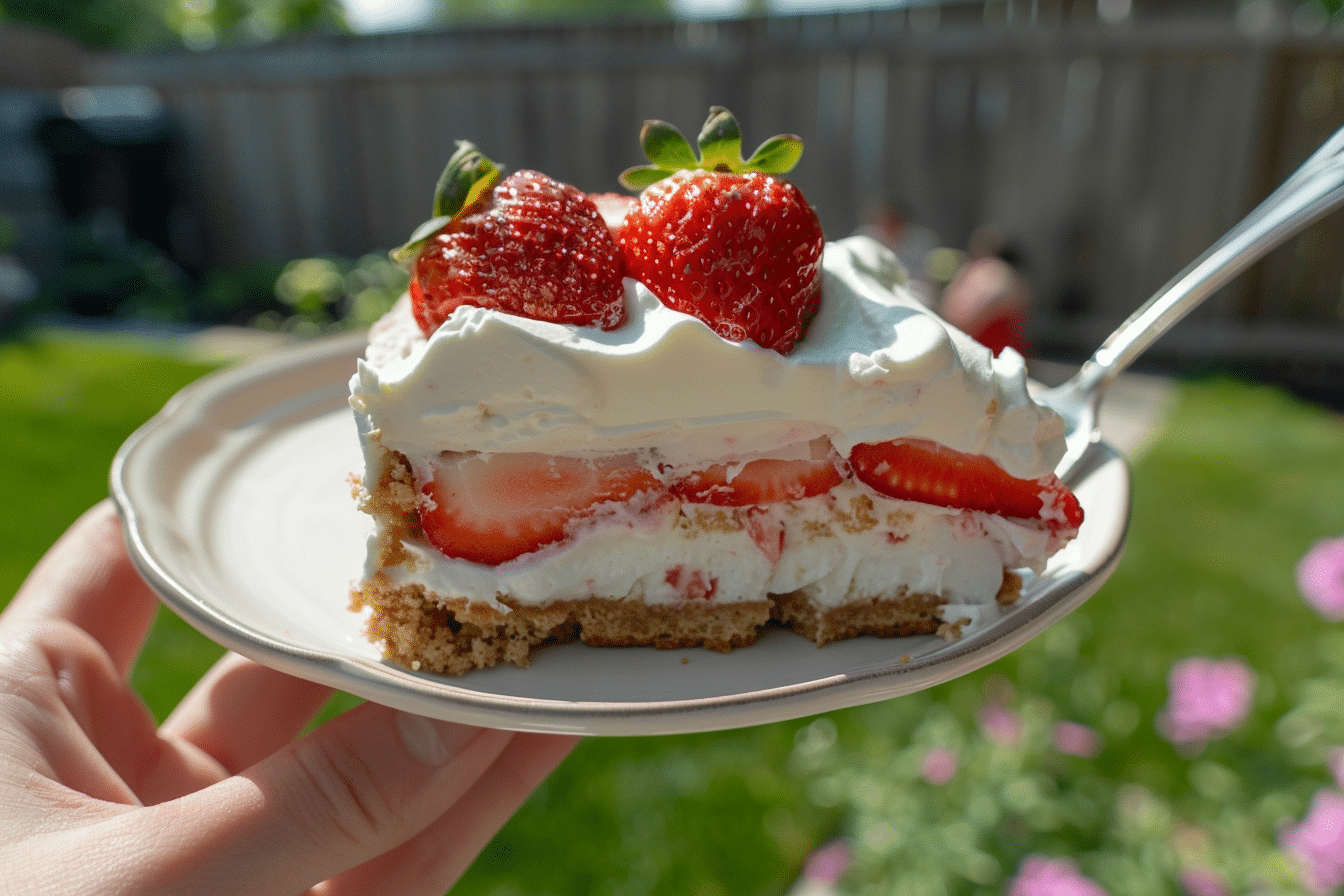 A woman holding a slice of no bake strawberry icebox cake with cool whip in a sunny backyard, showing juicy strawberry layers and Cool Whip cream.