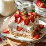 No bake strawberry icebox cake with cool whip 10 A no bake strawberry icebox cake with cool whip sliced and served on a rustic wooden table, glowing in soft summer sunlight, with layers of strawberries, graham crackers, and cream.