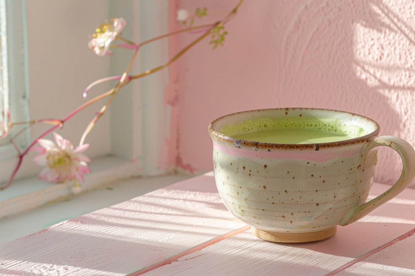 Top view of a Japanese Mounjaro Recipe drink in a ceramic mug with matcha foam, surrounded by lemon, honey, and ginger on a pink background.
