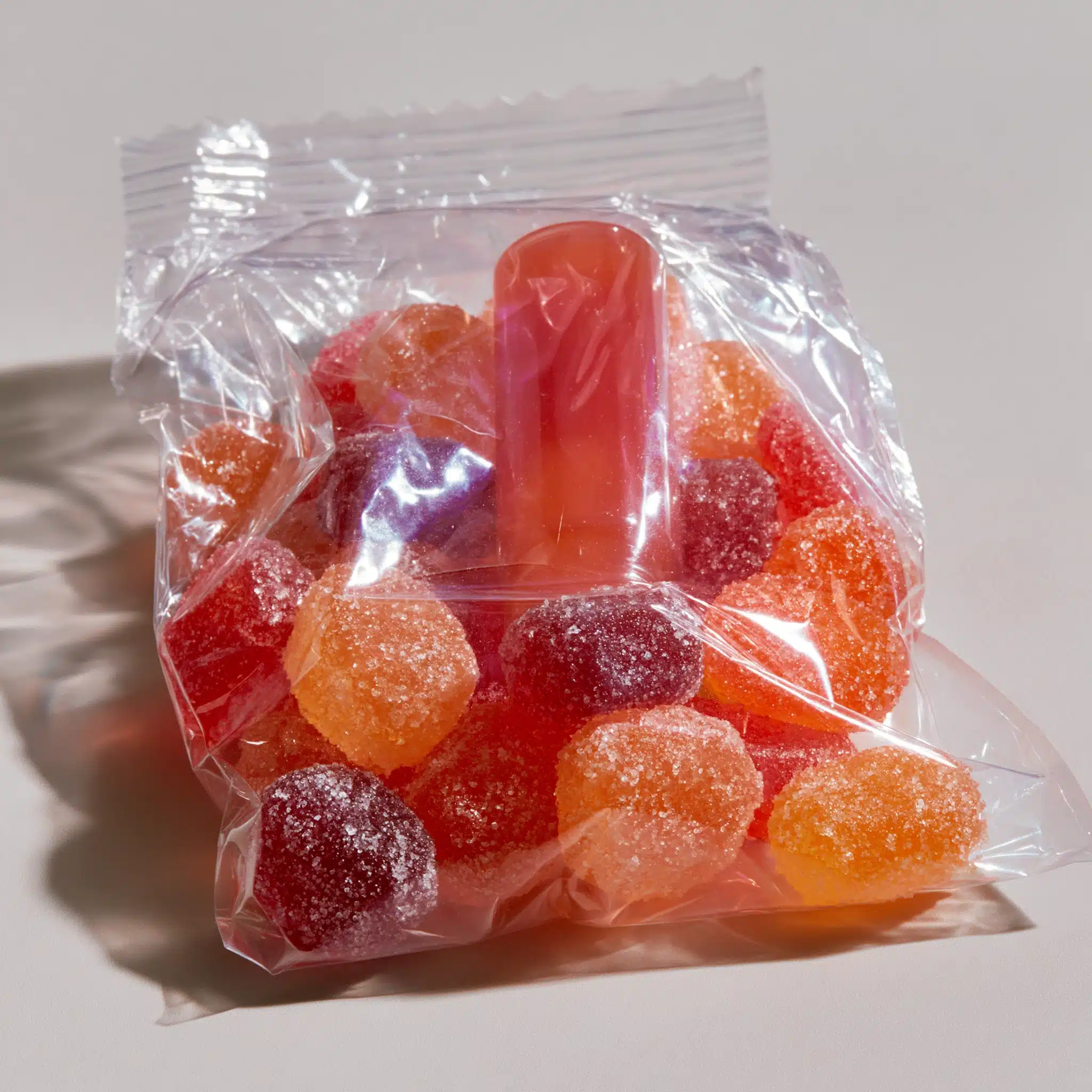 Gummies Colorful gummy candies coated in sugar inside a clear bag illustrating a common food product that may contain horse gelatin or other gelatin sources