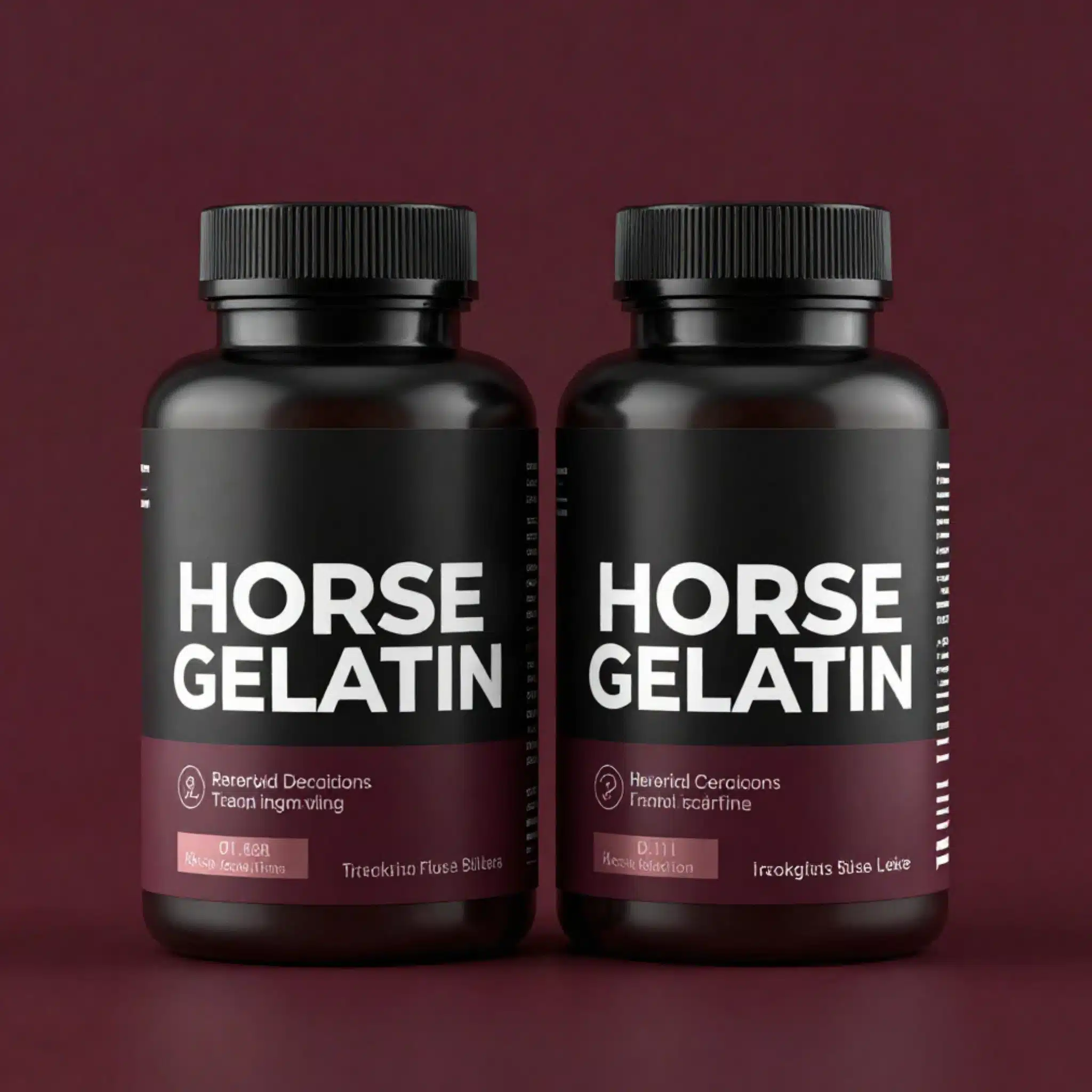 horse-gelatin-bottles Horse gelatin supplement bottles displayed on a dark background representing collagen based dietary supplements and wellness products