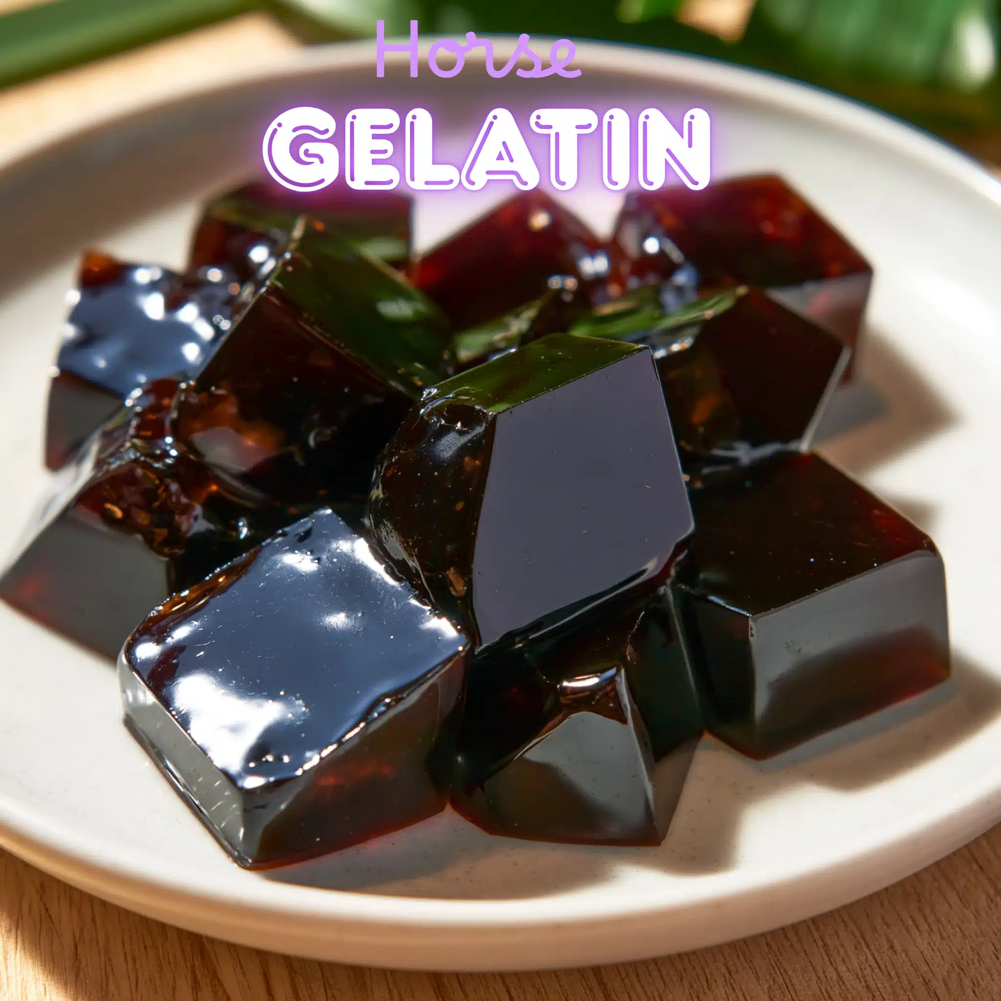 horse-gelatin-jelly Horse gelatin dessert cubes on a white plate showing the firm texture and appearance of horse gelatin used in food applications